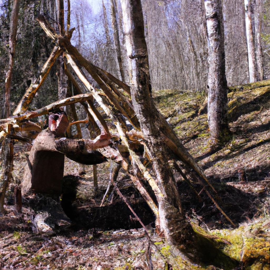 Person building shelter in forest