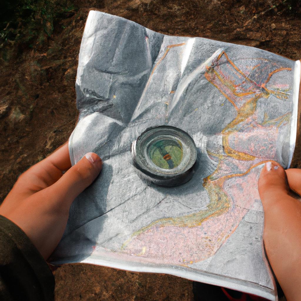 Person holding map, compass outdoors