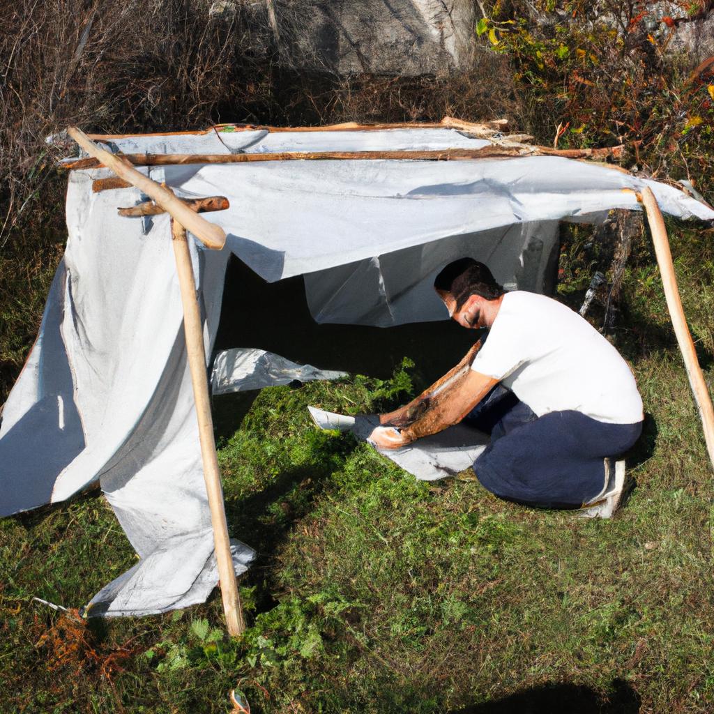 Person constructing makeshift shelter outdoors